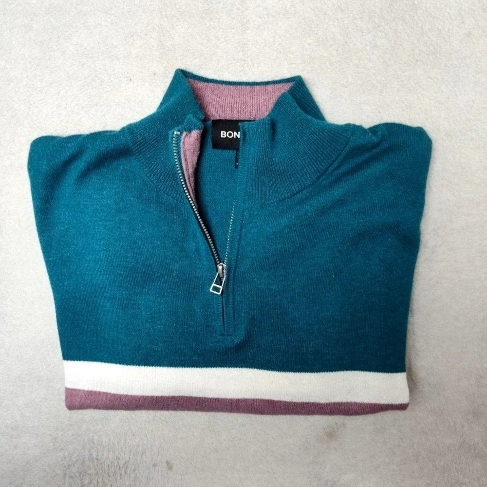 Bonobos Sweater Mens L Green 1/4 Zip Pullover Striped Cotton Polyester Knit Work
